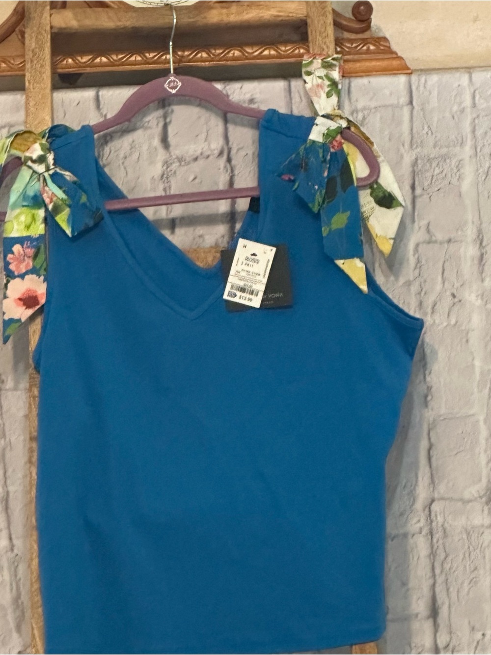 Marc New York Blue V-Neck Tank with Floral Tie Straps